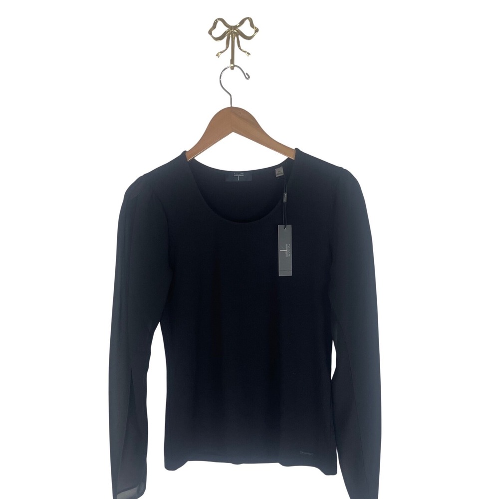 Tahari T Womens Black Sheer Puff Sleeve Scoop Neck Top NWT Size Small P